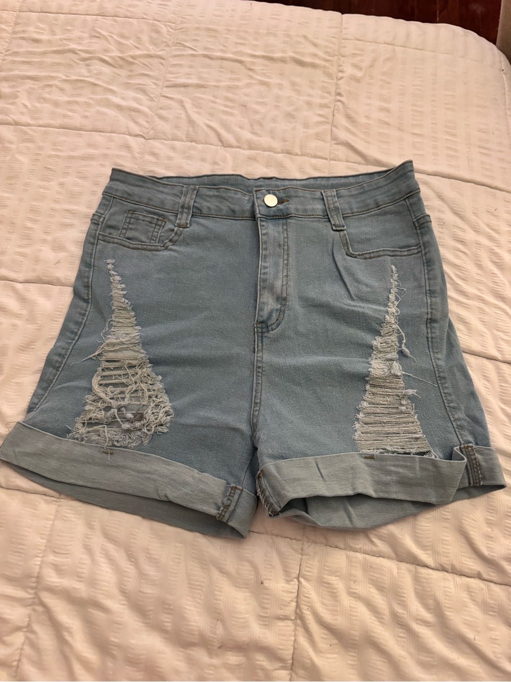 Light Blue Distressed High-Waist Denim Shorts